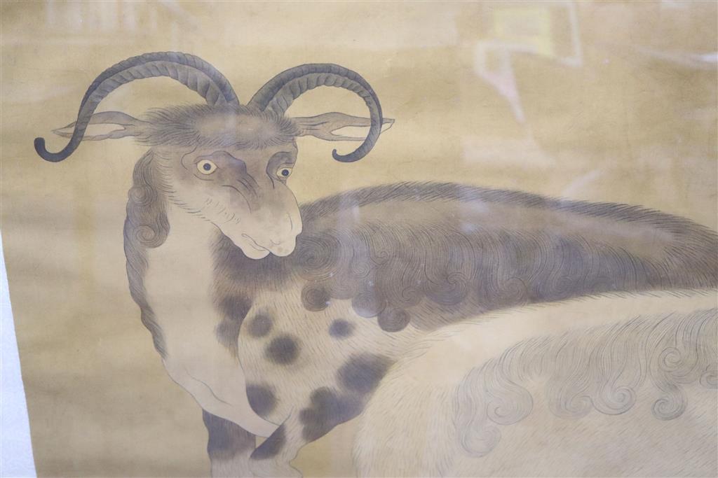 Chinese School (early 20th century), Two Rams and Ewe, 87 x 87cm, overall 172 x 98cm